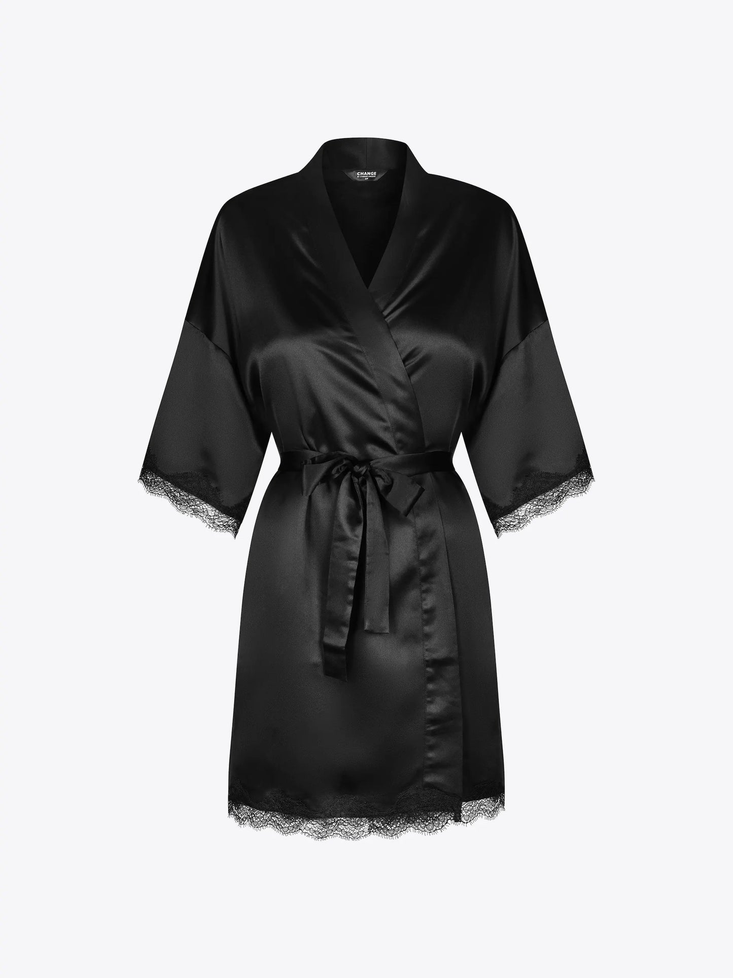 Musta värvi pitsi äärega varukatega hommikumantel