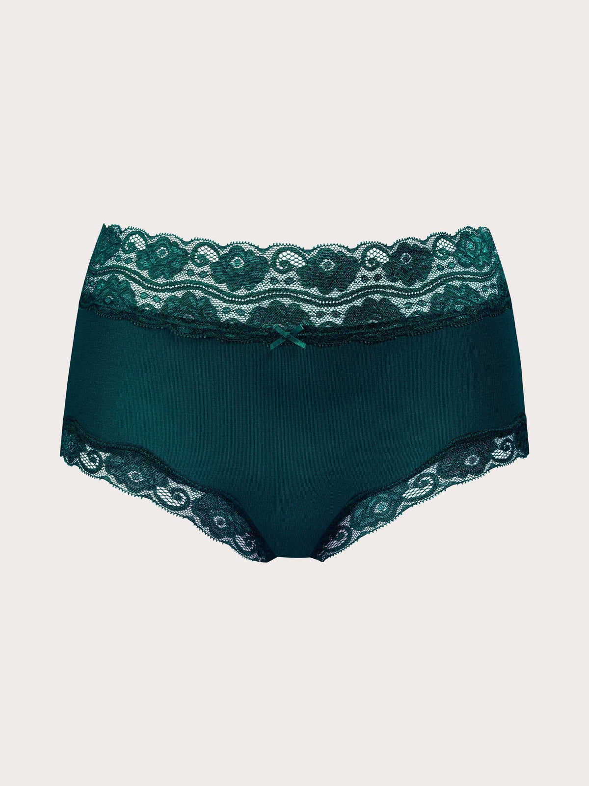 Dark teal green lace-trimmed briefs with a matching fabric bow at the center front, displayed flat against a light beige background.