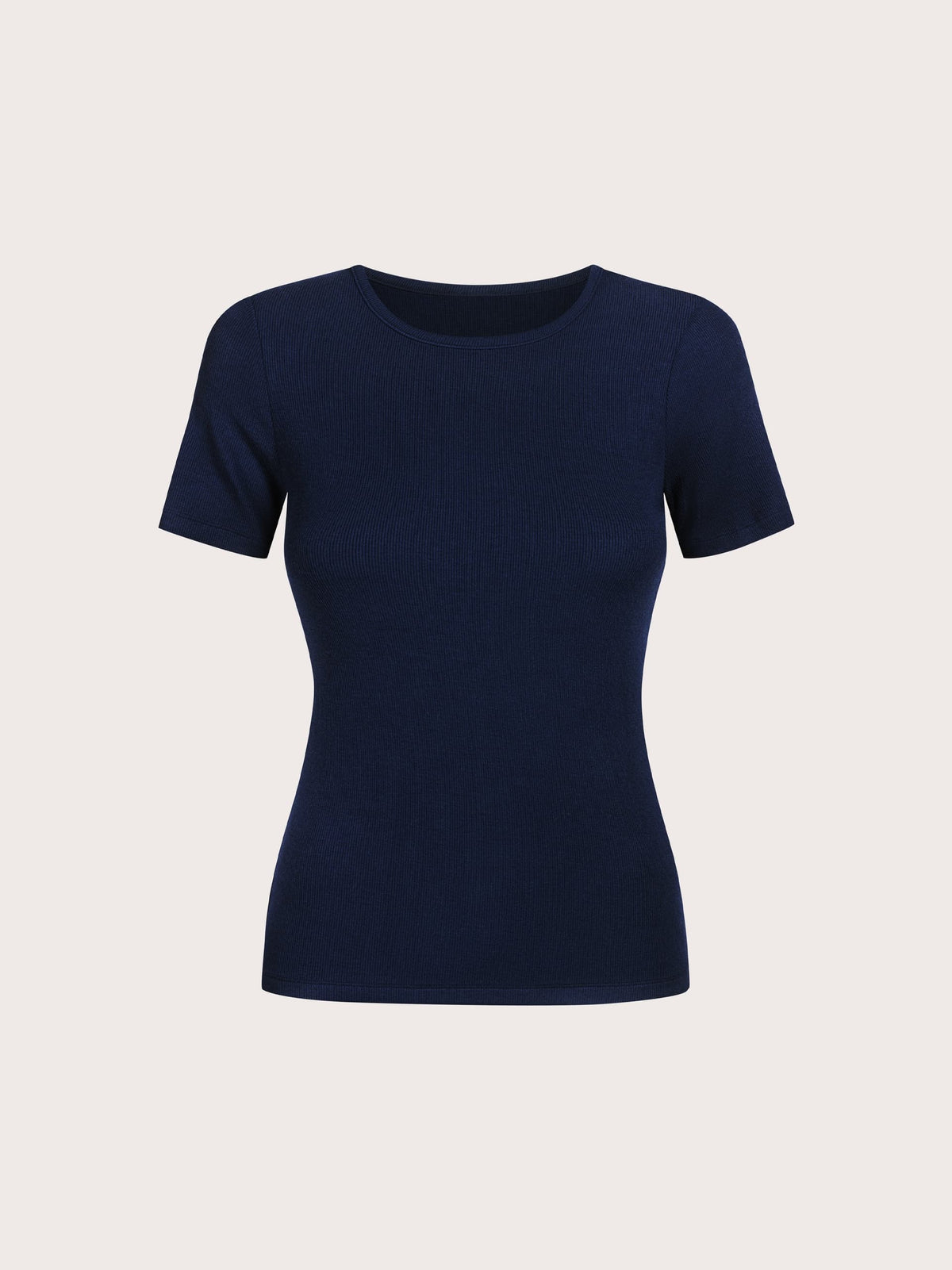 A navy blue short-sleeve crewneck knit top displayed on a ghost mannequin against a light gray background.