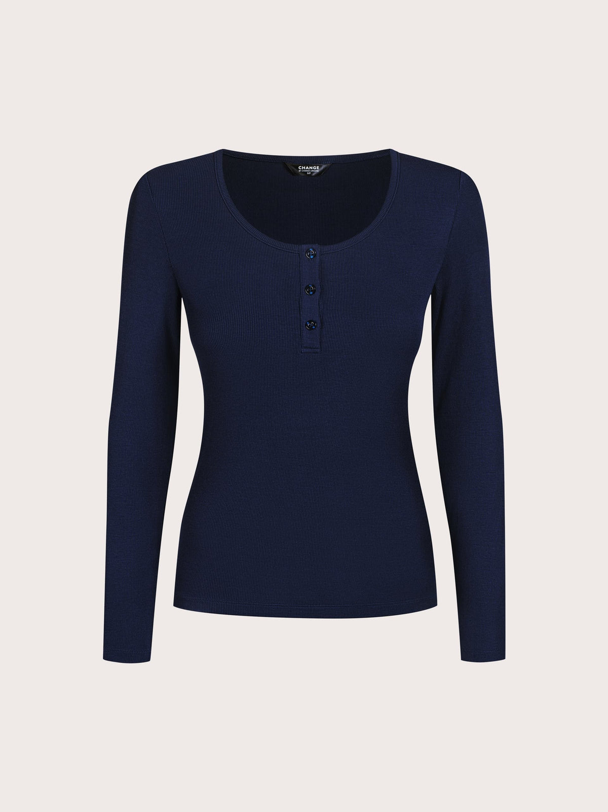 A navy blue long-sleeve henley top with a scoop neckline and three-button placket, displayed on a neutral light beige background.