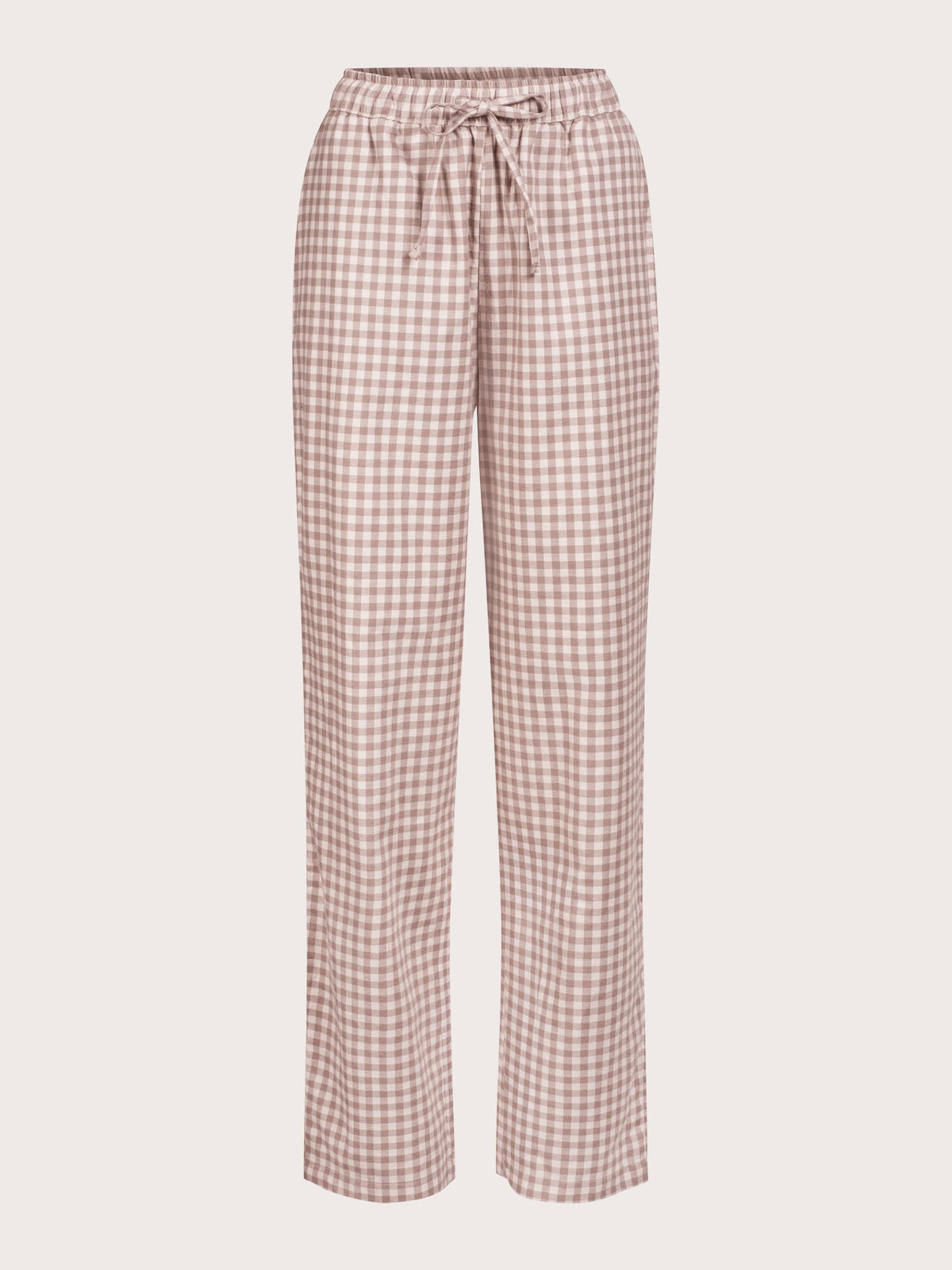 A pair of wide-leg trousers featuring a pink and beige gingham check pattern, with an elastic waistband and a matching drawstring tie, shown against a solid light beige background.
