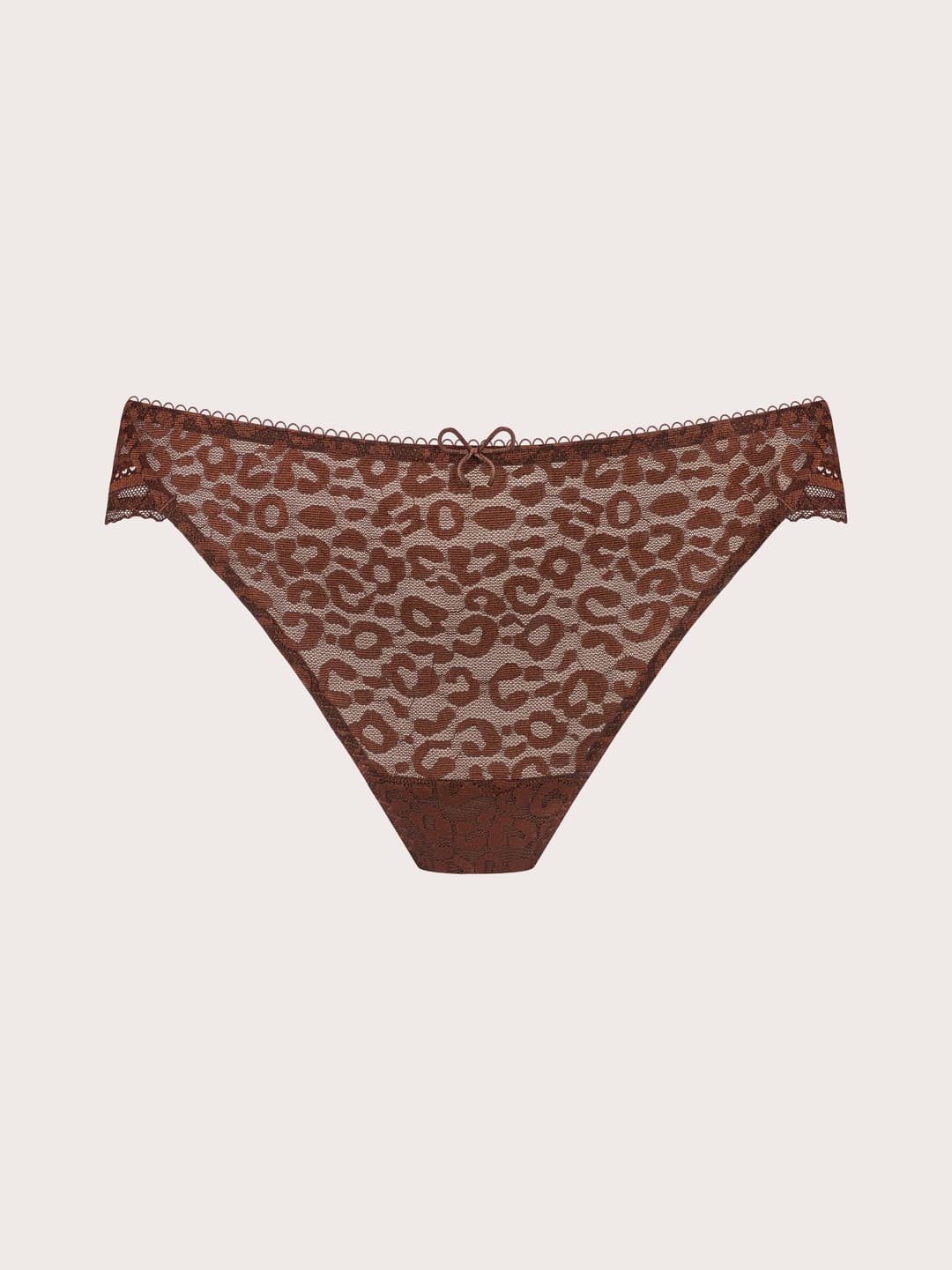 Brown leopard print lace thong underwear with a small bow at the center front, displayed flat against a light beige background.