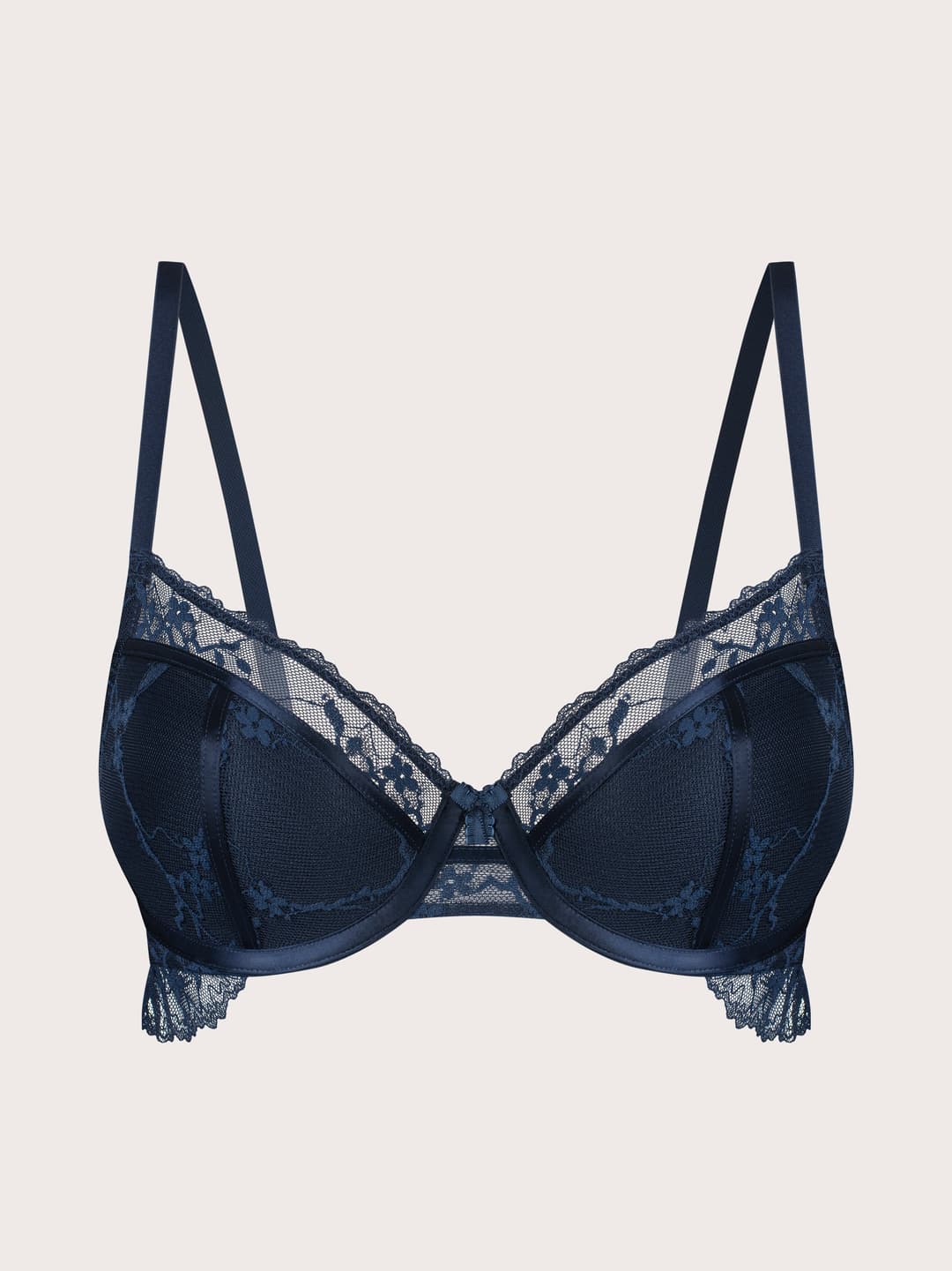 A navy blue lace and mesh underwire bra with adjustable shoulder straps and delicate lace trim at the cups and bottom, shown against a light beige background.